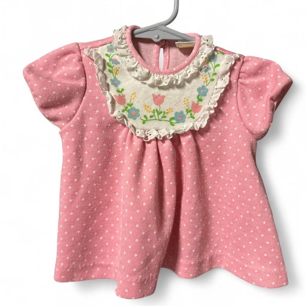 Vintage 6 months pink knitted baby girl top. White polka dots and bib collar